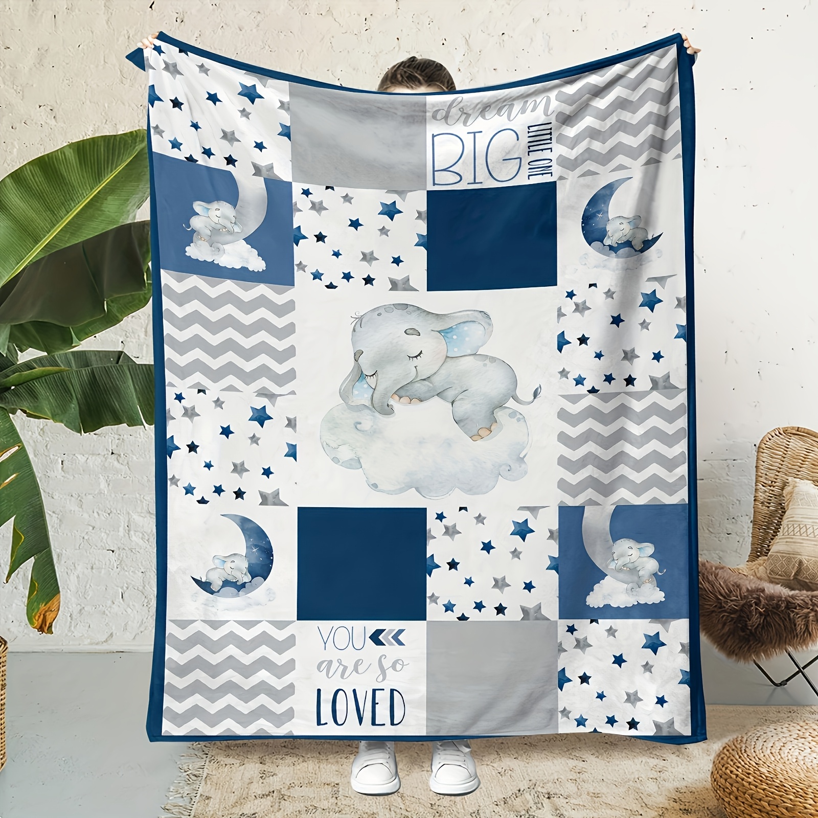 TEMU 1pc Cozy Elephant Print Flannel Blanket – Soft, Warm & Versatile For All , Perfect Gift With Inspirational "" Design, Navy Patterns, Elephant Decor