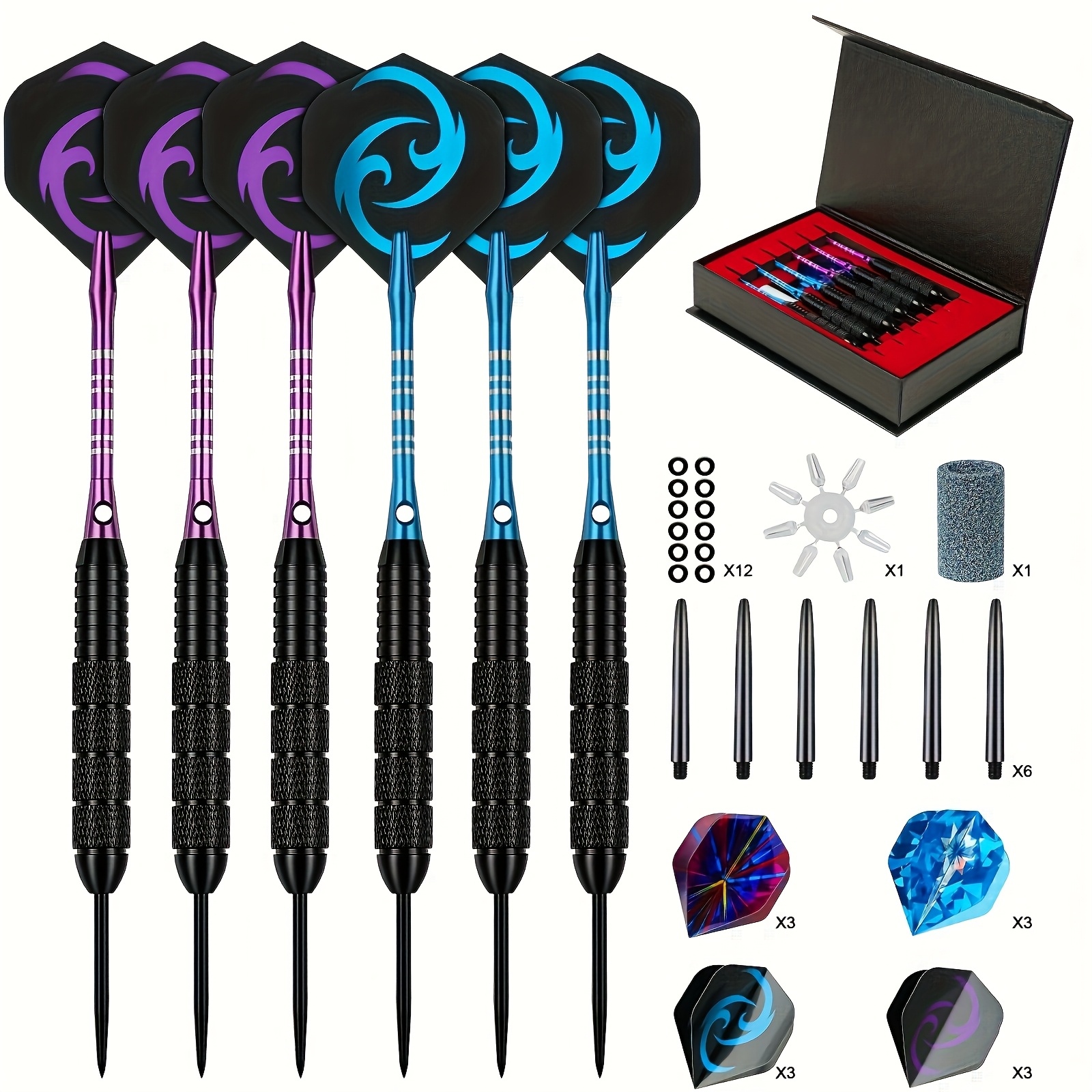 Stalen Dart Set, met 6 Professionele 24G Darts, Anti-Slip Roestvrijstalen Tips, 4 Stijlen van Polymeer Vluchten, PVC Schachten, een Dart Slijper, Rubberen Ringen, en Wordt geleverd in een Geschenkdoos