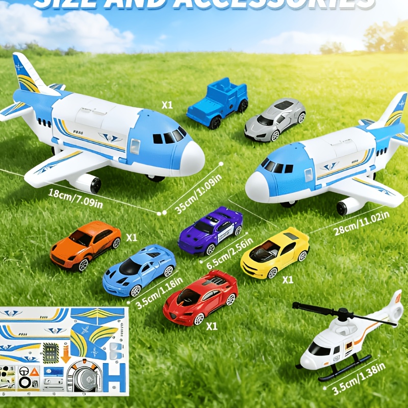 Image of Toy Transportation Plane And Car Set, Including Multiple Small Cars + 1 Airplane + Road Signs. Suitable For Children's Educational Toys, Children' Toys. As A Holiday Gift To Children.