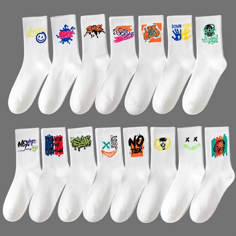 

5 Pairs White Graffiti Socks, Sports & Breathable Unisex Mid Tube Socks, Women's Stockings & Hosiery