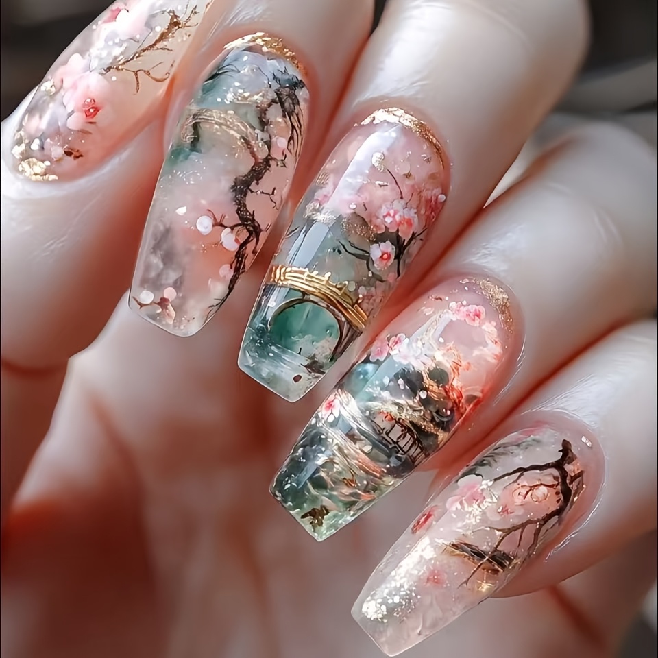 TEMU 30pcs Medium To Long Style Jiangnan Full Of Poetry, Nail Art, Fashionable Temperament, Versatile, , Easy And High-end, Chinese Style Literary And Artistic Wearing Armor