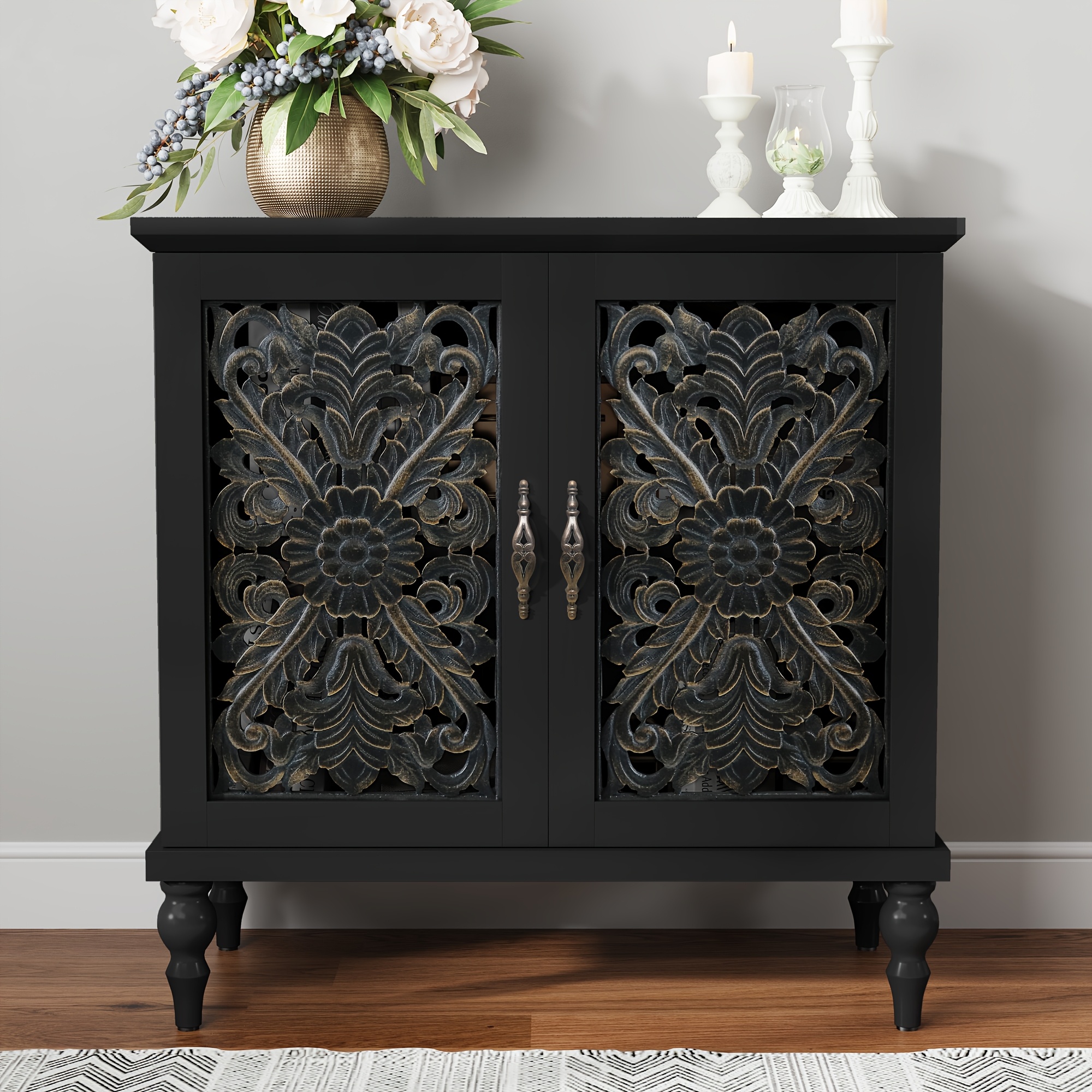 Image of Accent Cabinet With 2 Doors, Vintage Carved Wood Storage Cabinet, Sideboard Buffet Cabinet With Storage Credenza For Living Room, Kitchen, Dining Room, Entryway, Hallway