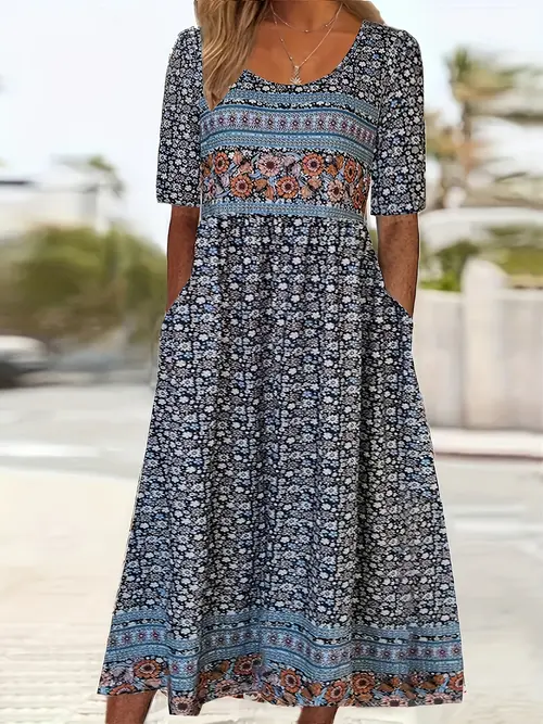 paisley print crew neck dress casual short sleeve dress for spring summer womens clothing