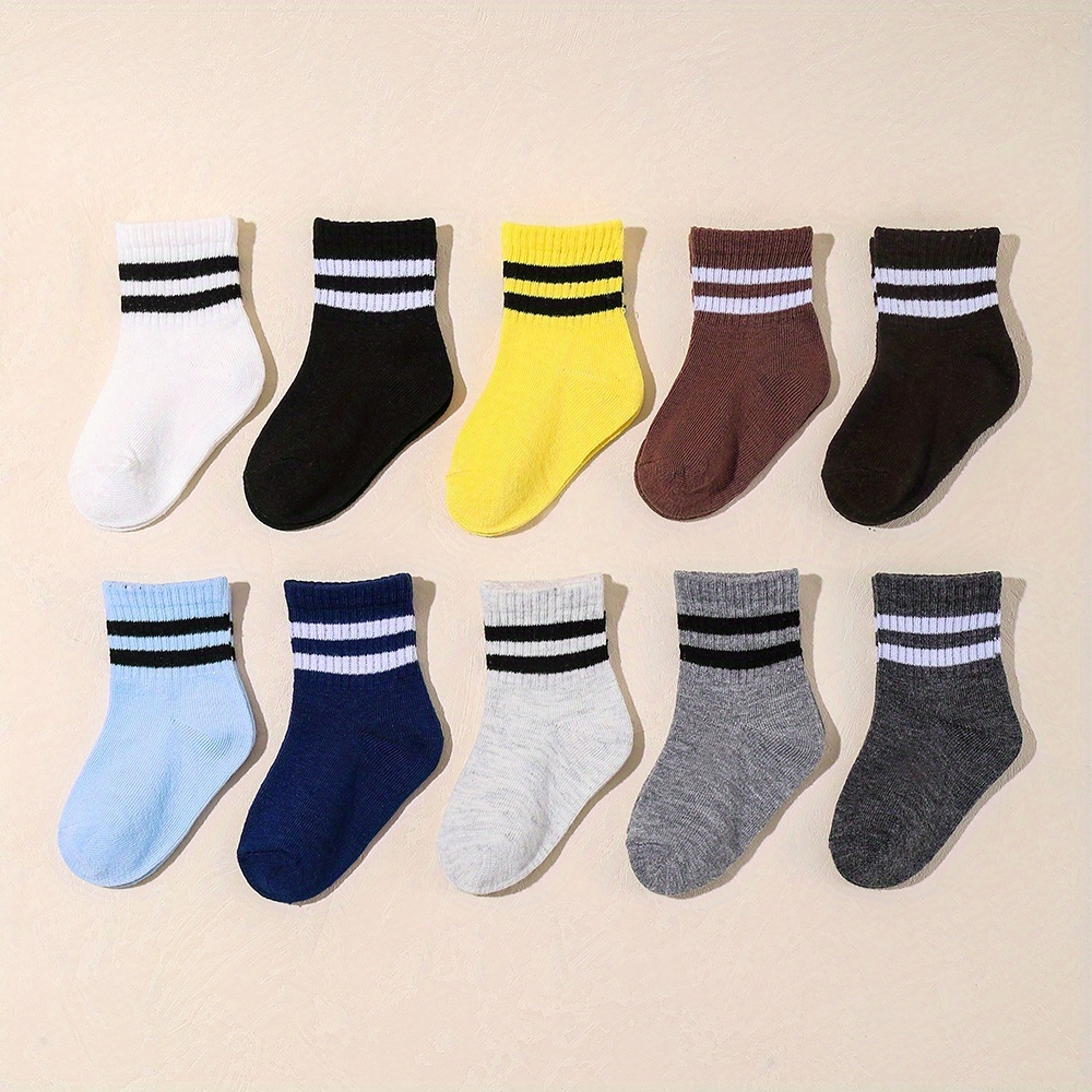 Image of 10 Pairs Socks With Double Stripes, Unisex Sport Style Toddler Socks, Classic Athletic Design, Random Color Pc For Boys And Girls Daily Wear