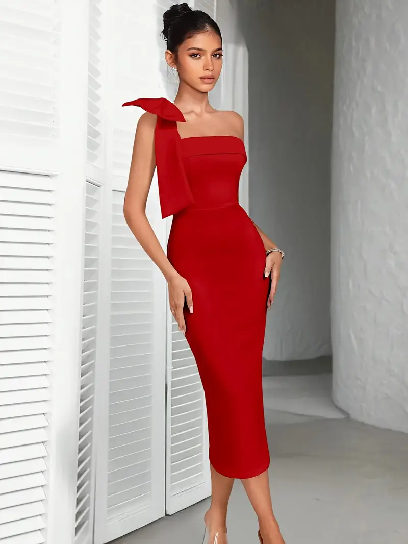 single shoulder solid color large bow decor elegant bodycon - Temu Germany single shoulder solid color large bow decor elegant bodycon - Temu Germany