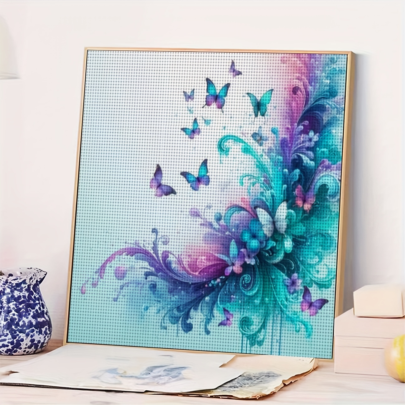 Cross-Stitch Printed Kit, Frameless, "Colorful Butterfly Dream Flower" Pattern