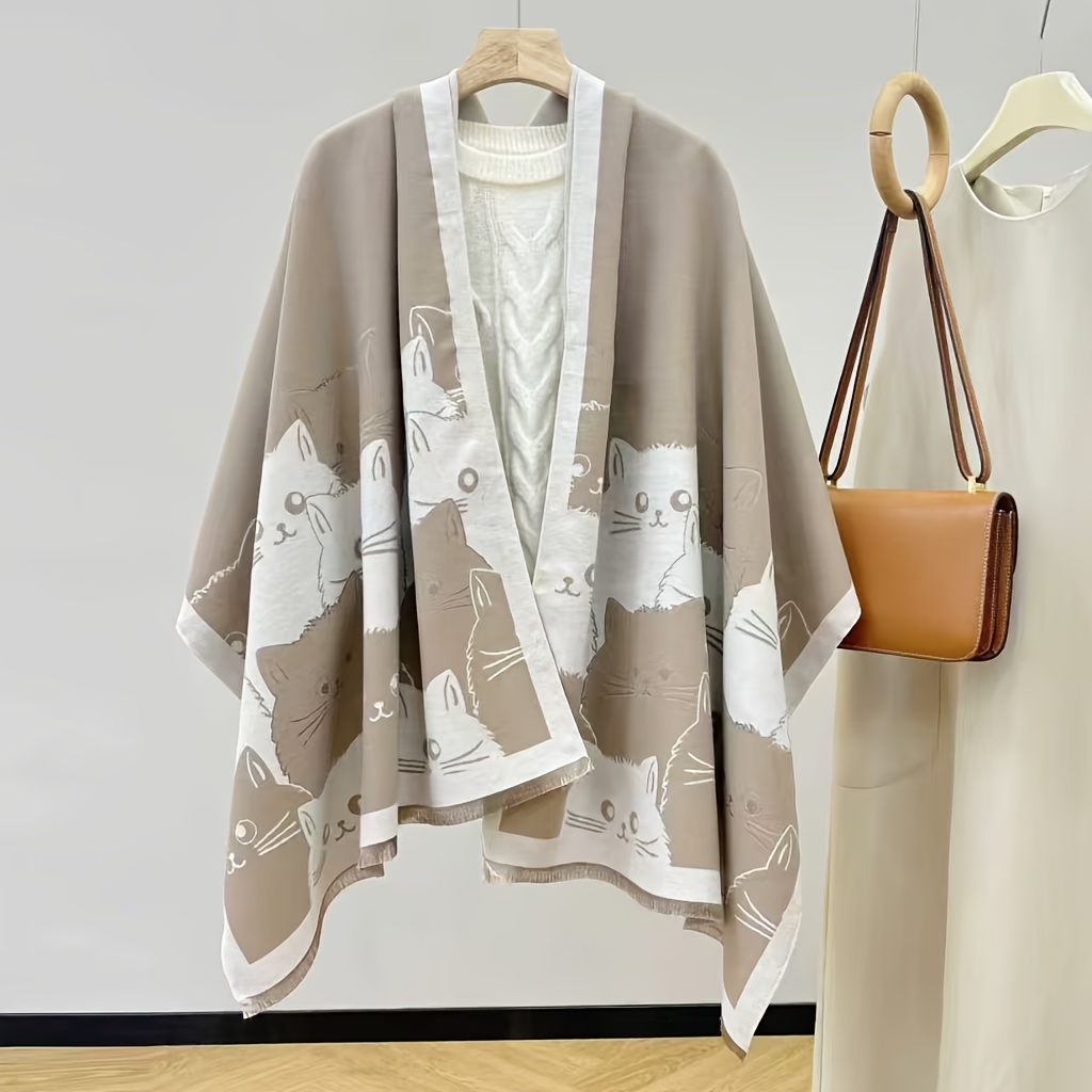TEMU 1pc Women's Cute Cat Print Scarf - Soft Beige & Brown With White Cat Patterns, Japanese Shawl For Weekend Coffee Shop Outfits, Picnic Accessory,