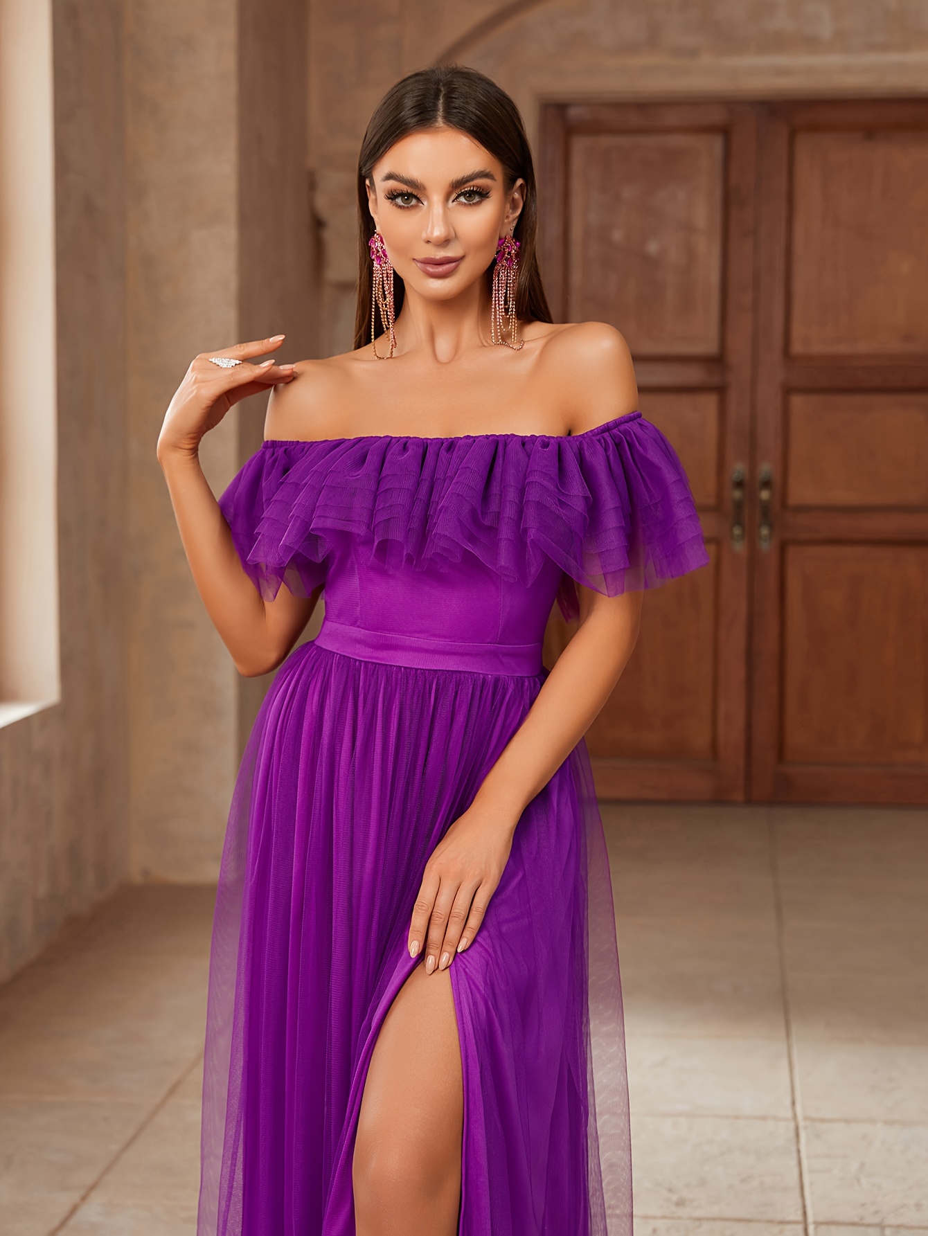 Off the shoulder split dress best sale