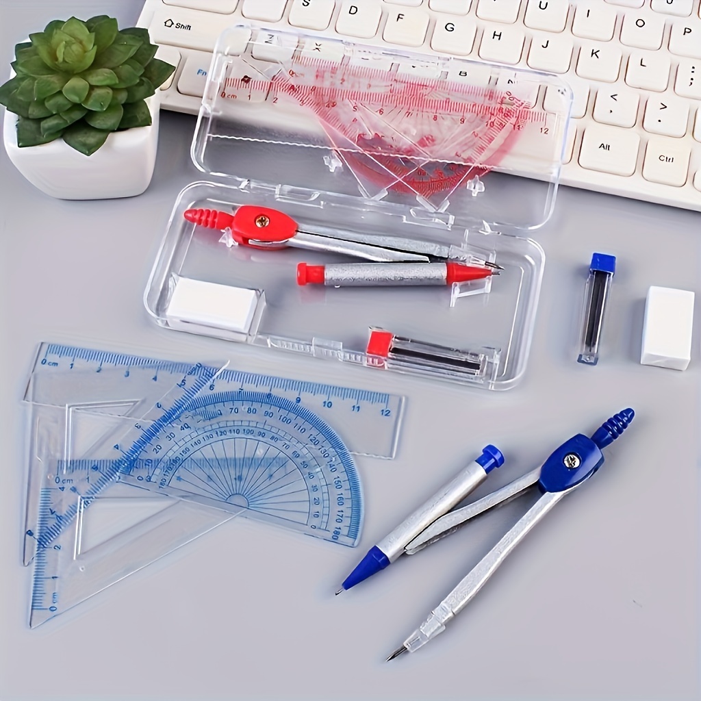 

7-piece Set Of Compass: Transparent Ruler, Protractor, And Compass In A Box - Perfect For School Or Office Use