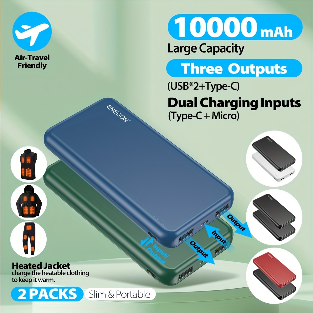 TEMU Enegon 2-pack 10000mah Portable Power Banks - Universal Usb-c Power Stations With Lithium Polymer Batteries, 4 Usb Dual Ports For Iphone, ,