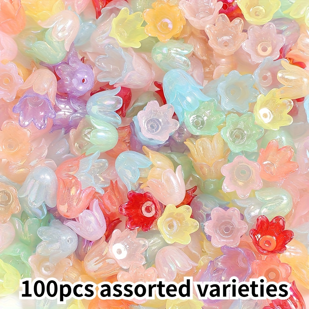 TEMU 100pcs Random Color Ab Sparkling Jelly-colored Acrylic Flower Beads With & Green Leaves - 7x10mm Mixed Pastel Hues For Jewelry, Bracelets,