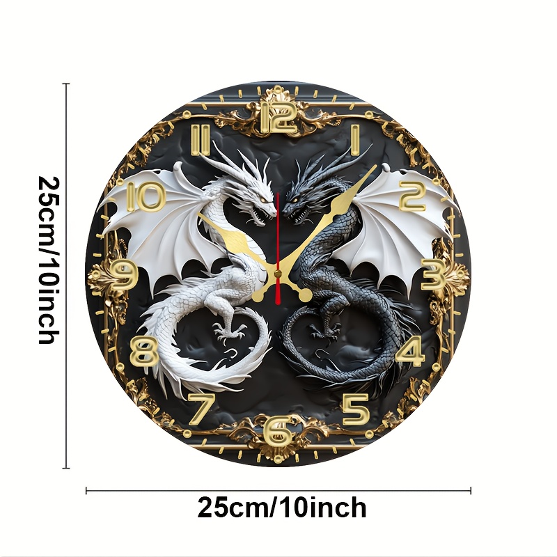 TEMU . Lebhafter Drache 2D Holzgerahmter Hintergrund – 10 Zoll runde geräuschlose flache Wanduhr aus Holzfurnier – Batterien nicht enthalten – für