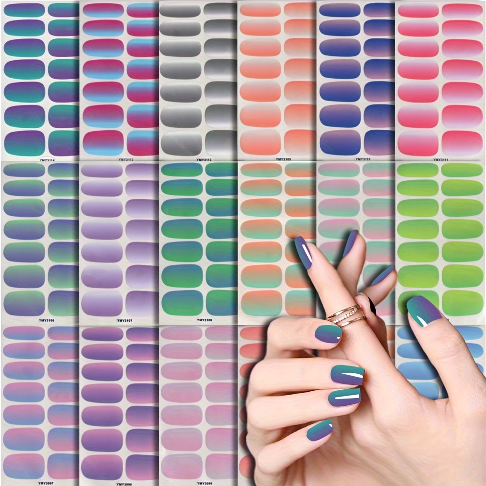 

18 Sheets, Dual-color Gradient Nail Art Stickers With 6 Nail Files, Self-adhesive Full Nail Wraps, Fine Glitter Sophisticated Charm, Easy-to-apply Enchanting Nail Art Design, Paper Material