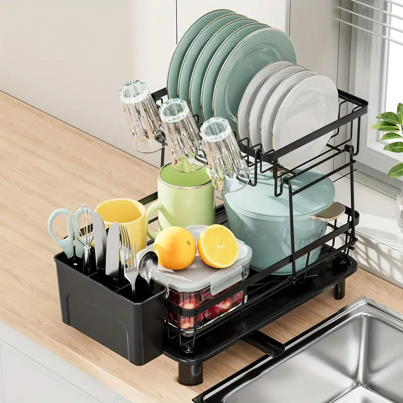 2 tier dish drying rack with drain tray and swivel drip spout multifunctional kitchen countertop storage organizer metal and plastic cup holder and cutlery holder space saving plate rack for home and apartment use 1pc Product details 10