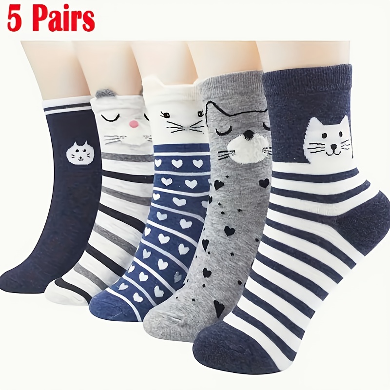Image of 5-pack Women's Cute Cat Cartoon Mid-calf Socks, , Suitable For Outdoor Socks