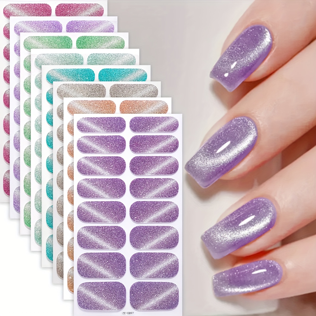 Image of 8 Sheets Self-adhesive Gel Nail Strips With Purple Glitter, Shimmery Finish, , No Uv Lamp Required, Easy Application For Women's Party Diy Nail Art Supplies, Nail Accessories