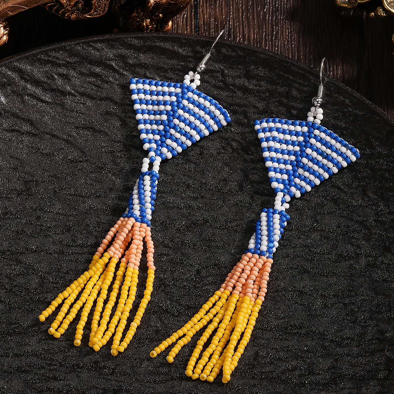 TEMU Une paire de boucles d'oreilles bohèmes bleues et roses, faites à , à rayures, géométriques, triangulaires, avec des perles dégradées et des