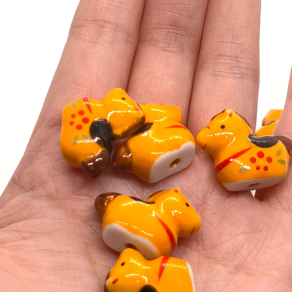 3pcs Yellow Pony Plum Blossom Pattern Ceramic Beads for DIY Crafts