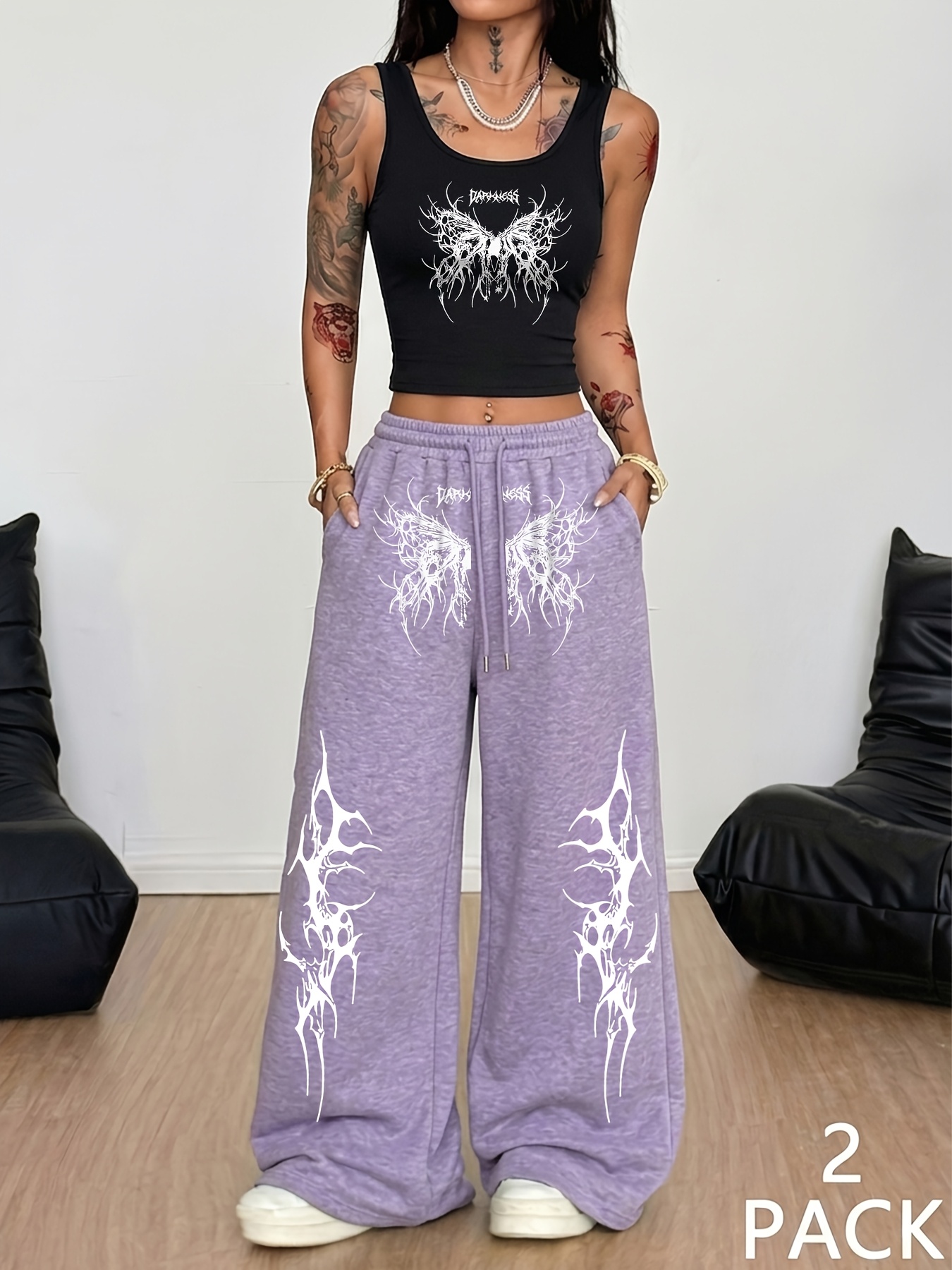 gothic y2k 2pcs set women fit tank top wide leg pants - Temu Portugal