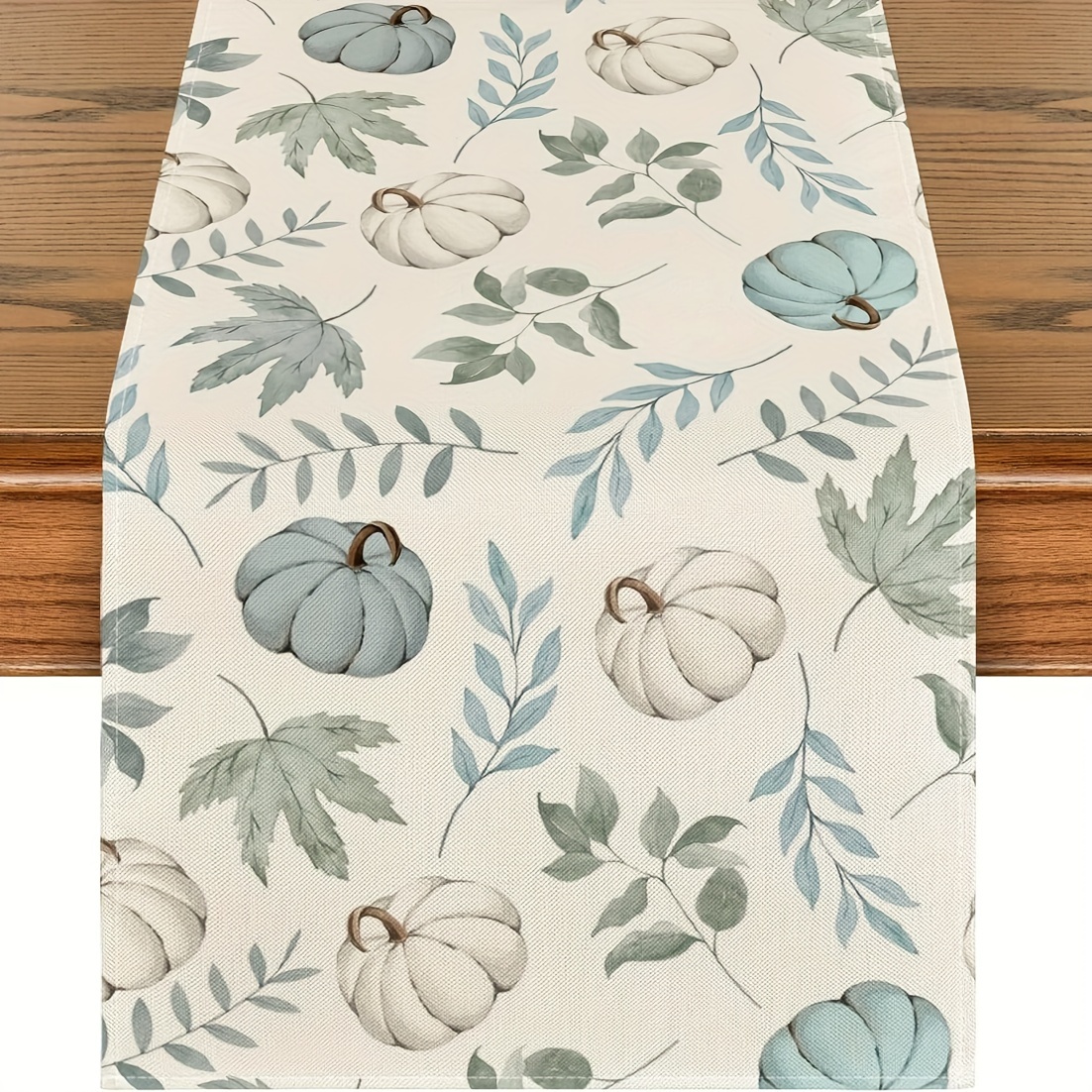 

1pc Table Runner, Autumn Eucalyptus Leaves Table Runner, Eucalyptus Leaves Pumpkin Seasonal Table Runner, For Home Dinning Room And Restaurant, Table Decor, Home Supplies