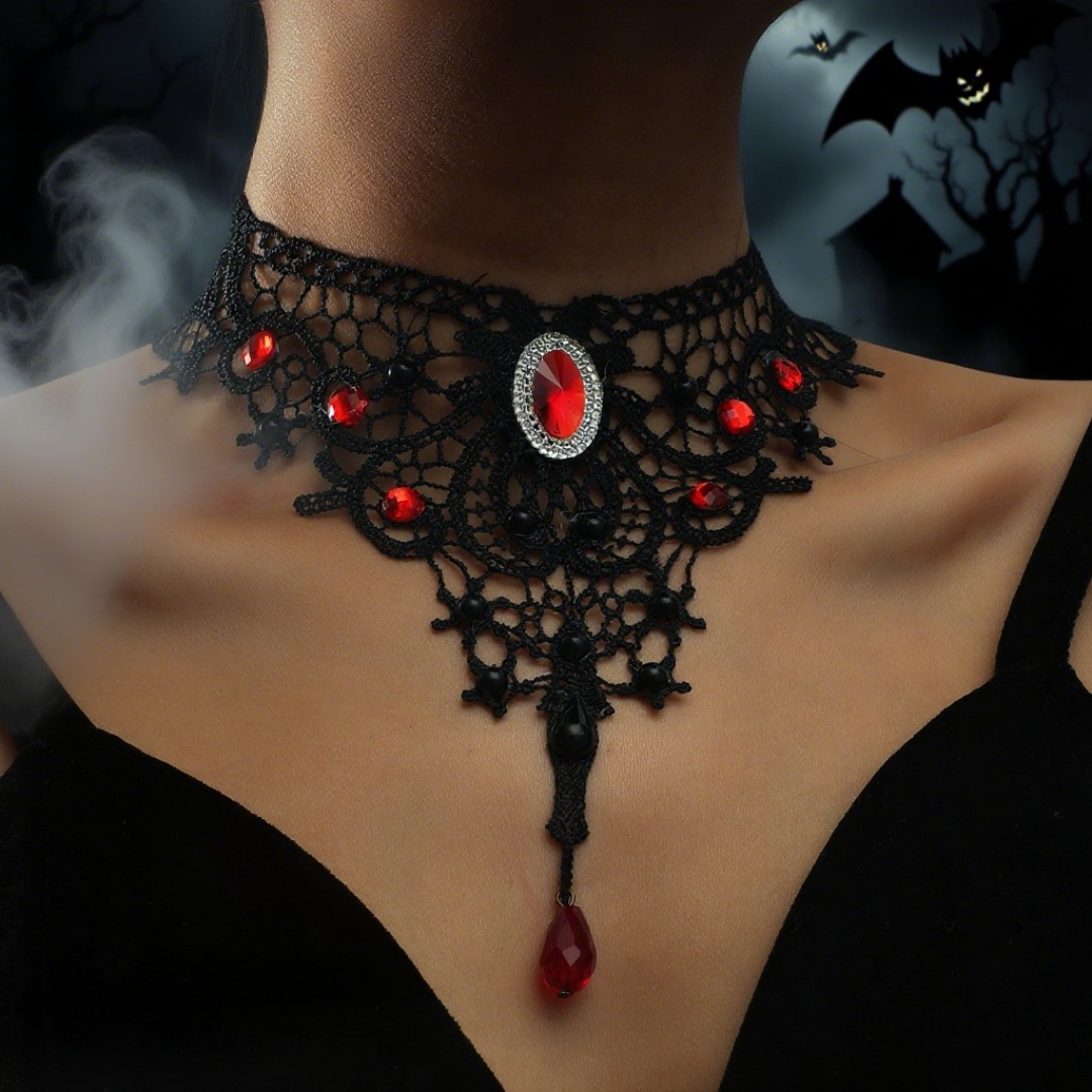 Image of 1pc Halloween Dark Gothic Style Red Artificial Crystal Hollow Lace Neck Chain Suitable For Women' Party Gathering Wear