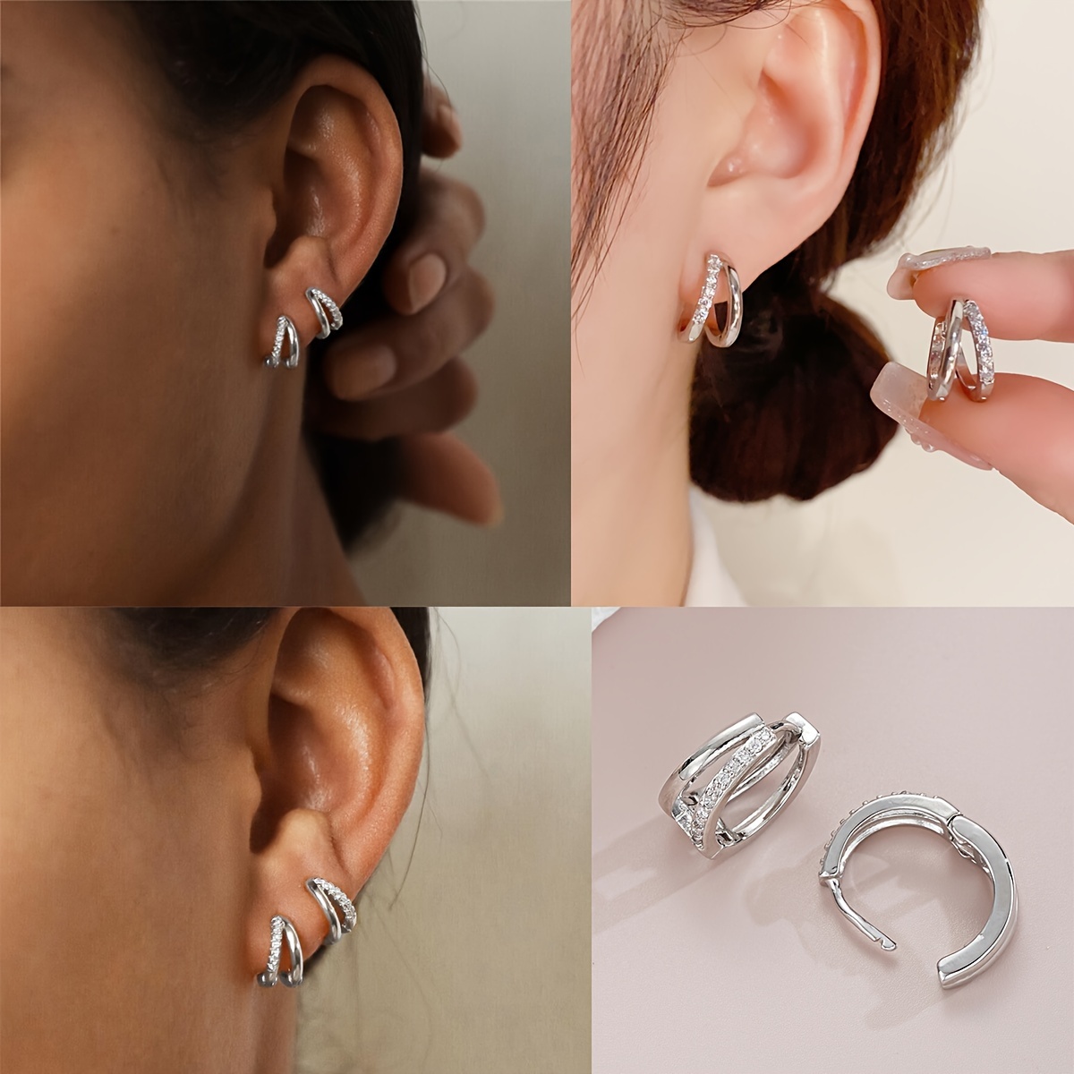 

Ensemble de boucles d'oreilles élégantes à double anneau en strass - 2 anneaux en de zinc avec tiges en acier inoxydable pour femmes, bijoux élégants non plaqués pour un et en vacances