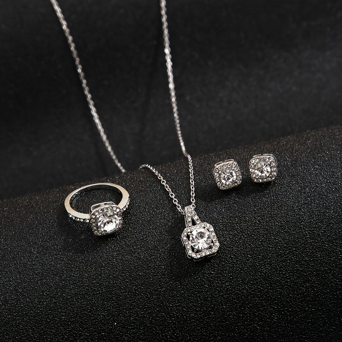 elegant 4 piece jewelry set rhinestone studded necklace ring and earrings simplistic design ideal for daily wear vacation style minimalist fashion details 2