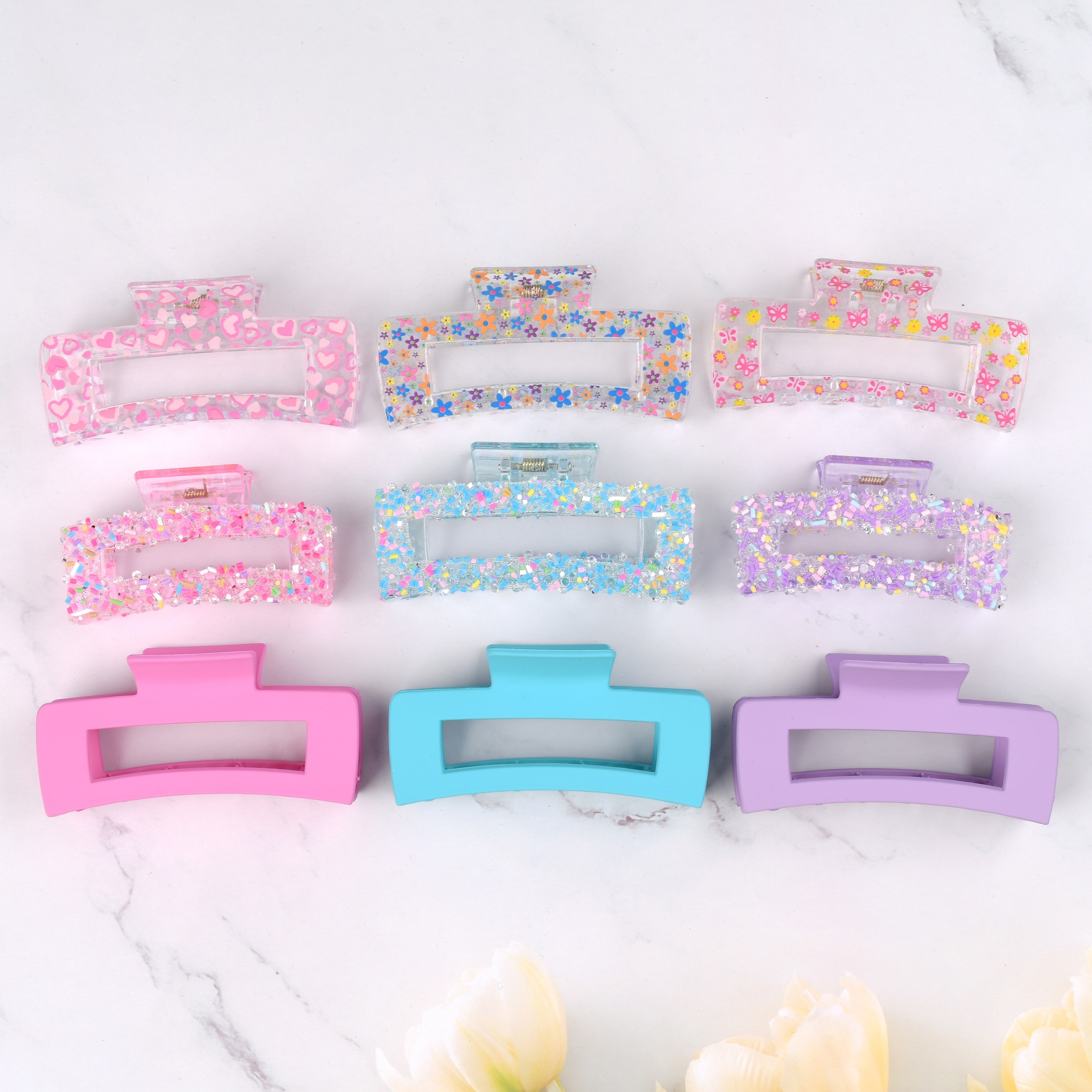 

3pcs/set , Flower Printed Square Hair Clips And Sparkling Cute Rhinestone Decorative For Women With Long Hair, Hair Styling And As A Small Gift