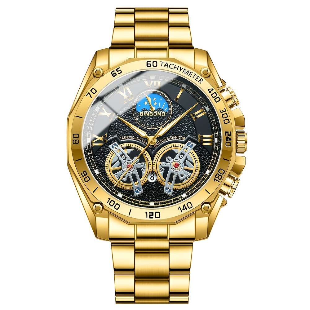 TEMU Binbond Fashion Men's Watch, Decoration, Luminous, Calendar, Small Three-pin Watch, The For Him, Without Battery