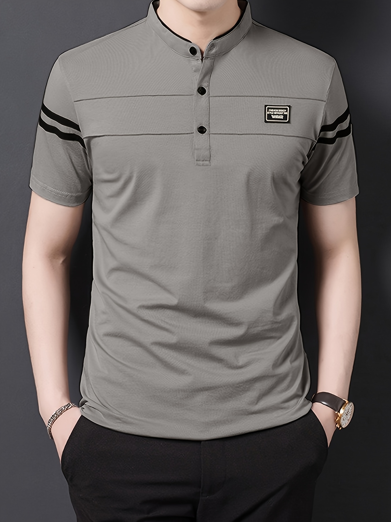 Summer Men's T-Shirt, Solid Color Stand Collar Striped Short Sleeve Shirt, Suitable for Sports, Outdoor, Casual