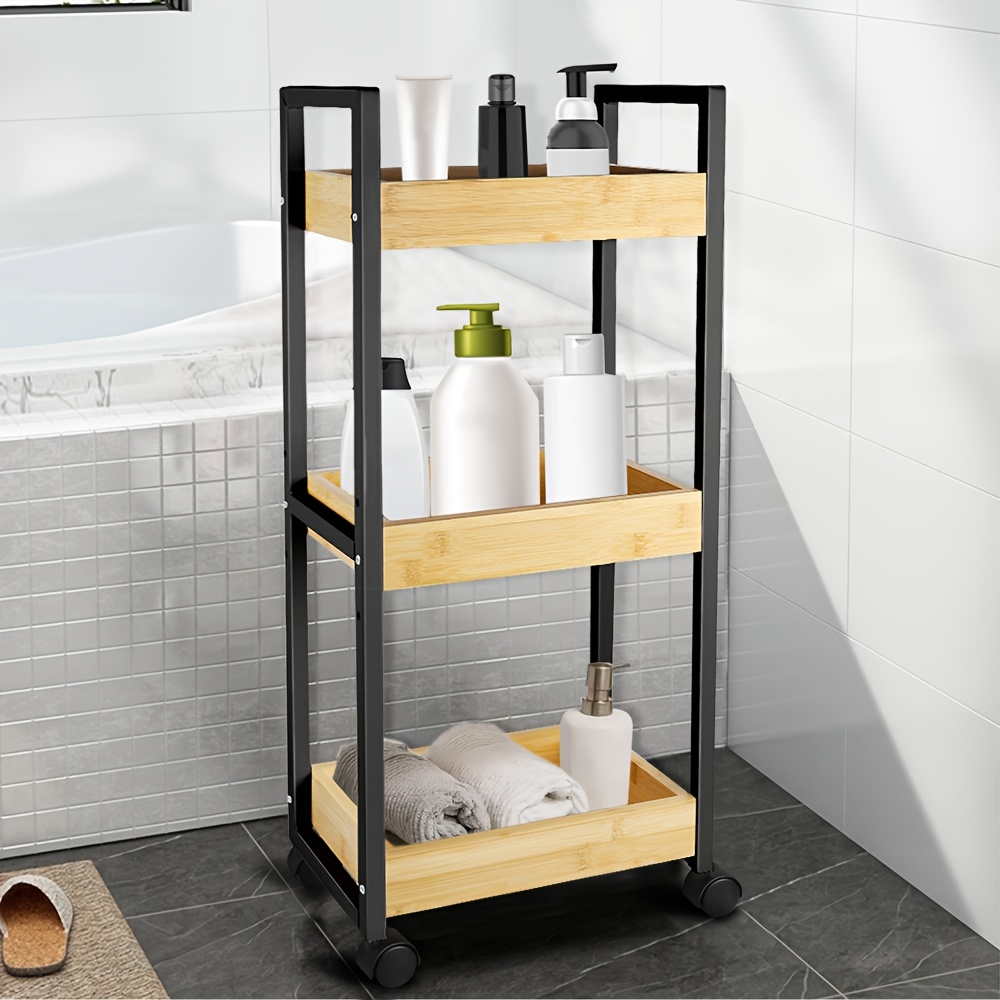TEMU 3-level Rolling Cart Featuring Lockable Wheels | Metal And Wood Storage Organizer Suitable For Kitchen Or Bathroom (37x20x80cm) | Compact Narrow