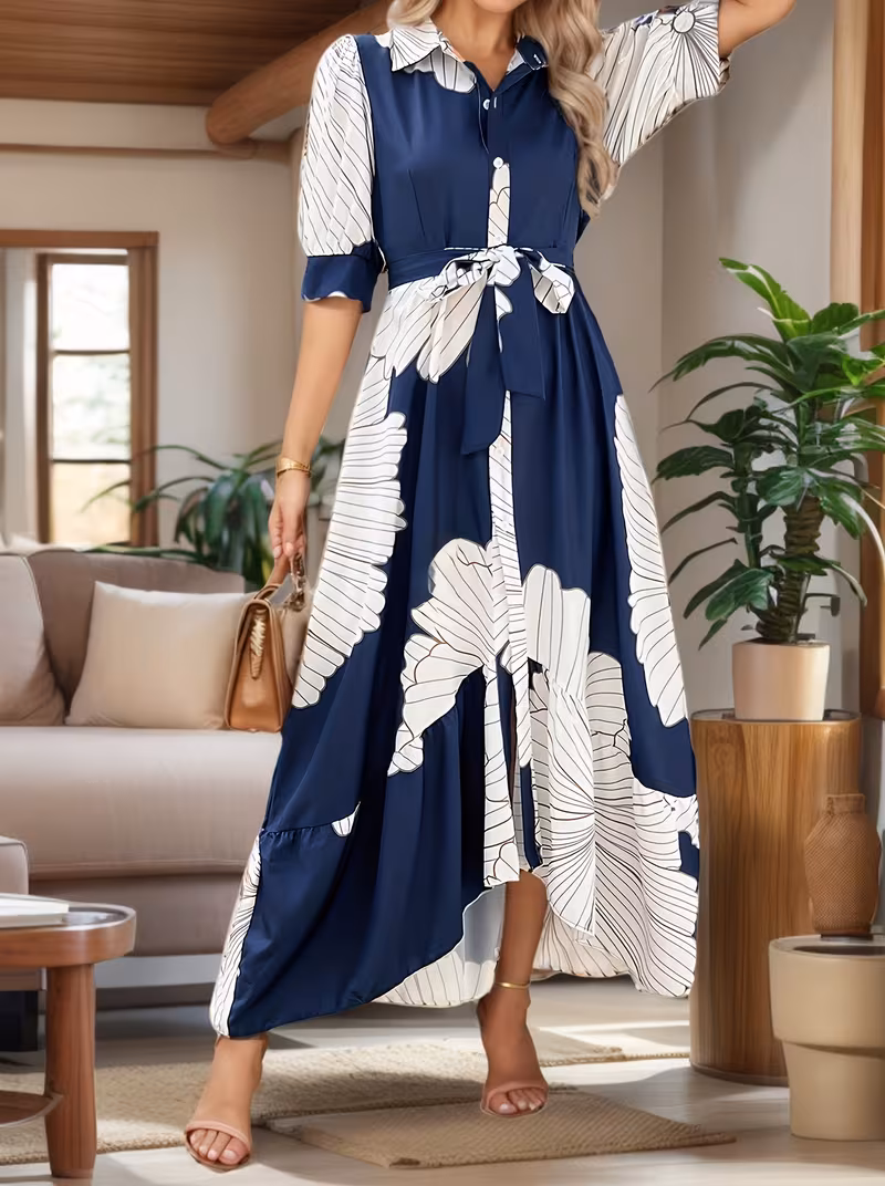 Print Midi Dress with Belt - Crew Neck, Short Sleeve, Non-Stretch Polyester, Perfect for All Seasons