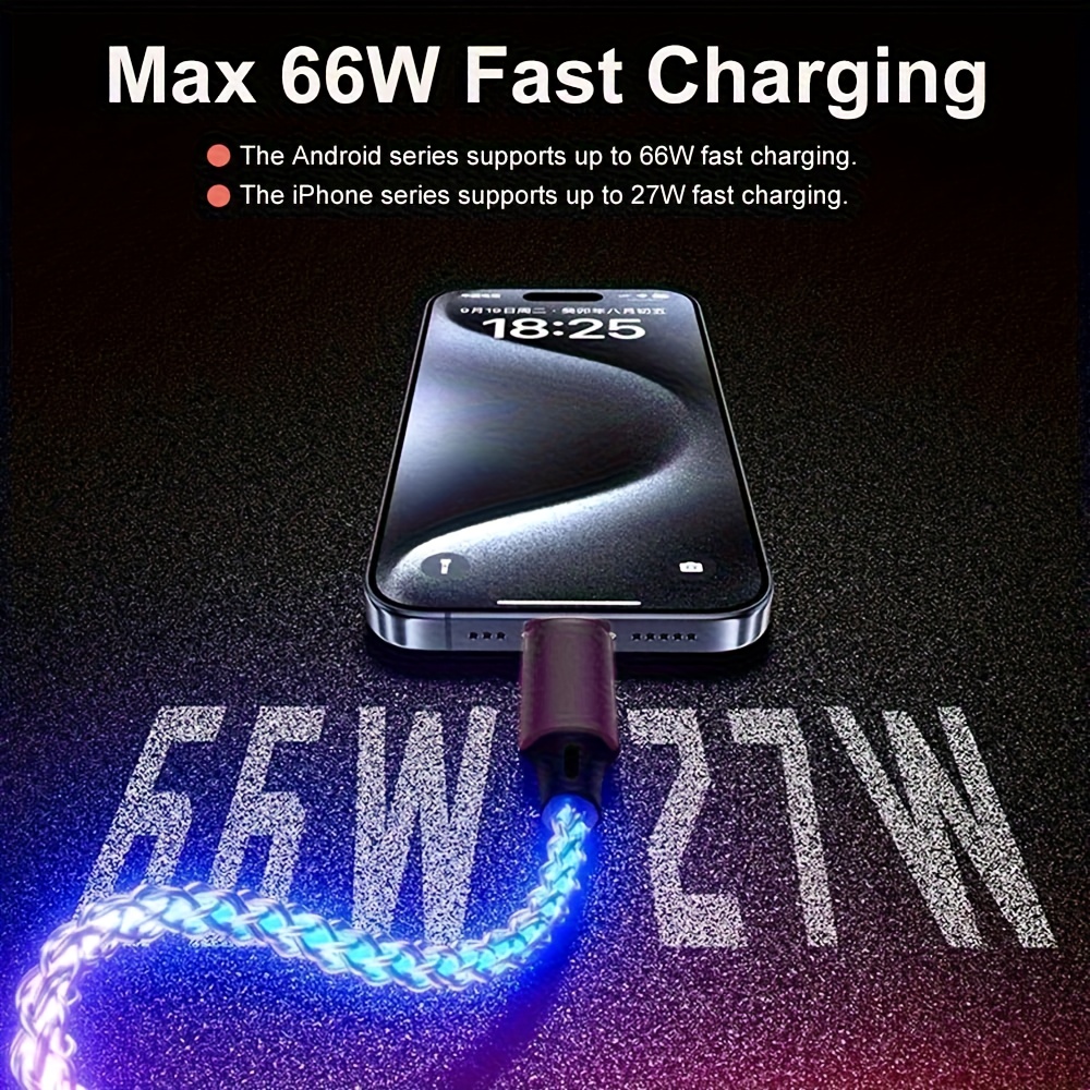 66W câble de charge rapide RGB dégradé pour voitures, iPhones et la plupart des appareils Type-C du marché