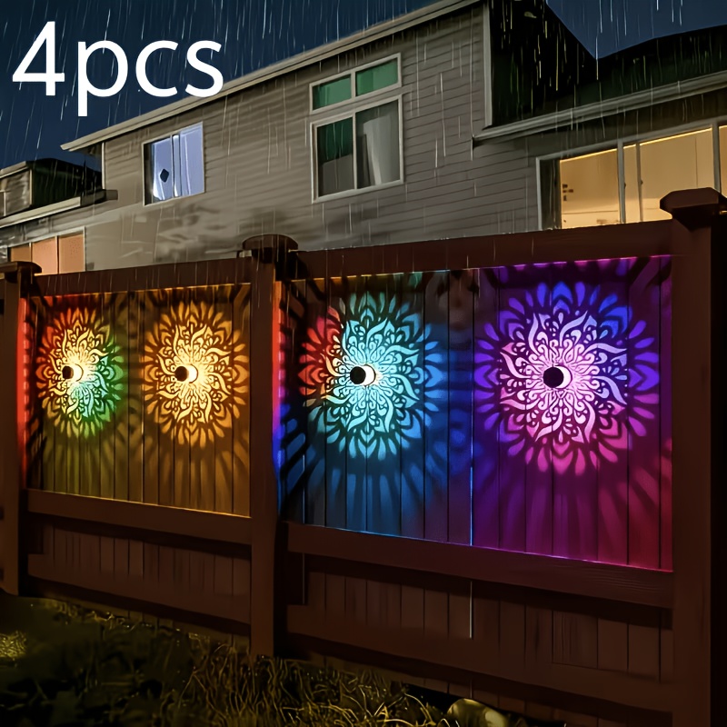 TEMU 4-pack Solar Fence Lights Outdoor, Solar Powered Decorative Projection Fence Lights With Mandala Pattern, Colorful Solar Lamps For Garden Fence,