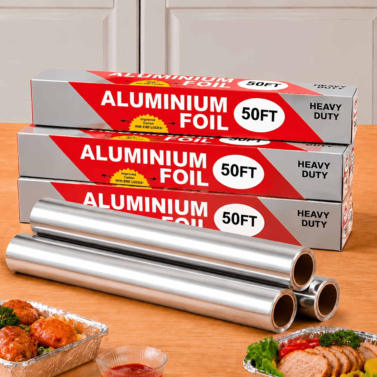 50ft heavy duty disposable aluminum foil roll non stick heat resistant suitable for baking grilling roasting desserts for home kitchens professional bakeries weddings and party food grade kitchen and for home organziation essential
