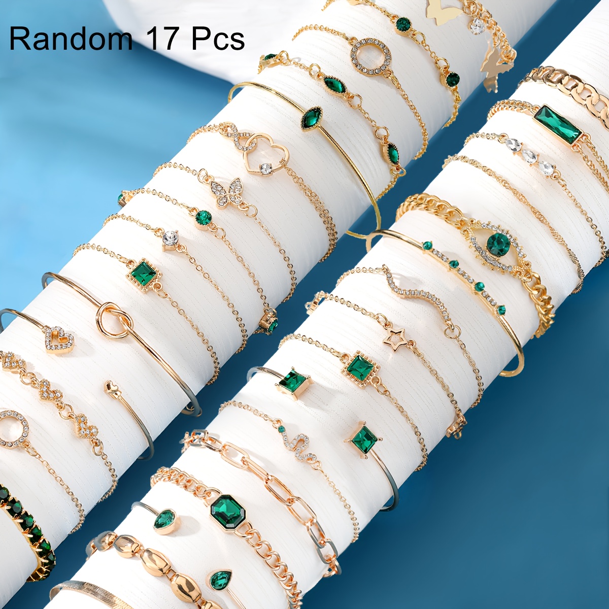 TEMU Random 9/17pcs Retro Light Luxury Geometric Green Snake-shaped Evil Eye Bracelet Set For Women's Casual Attire And Banquets.