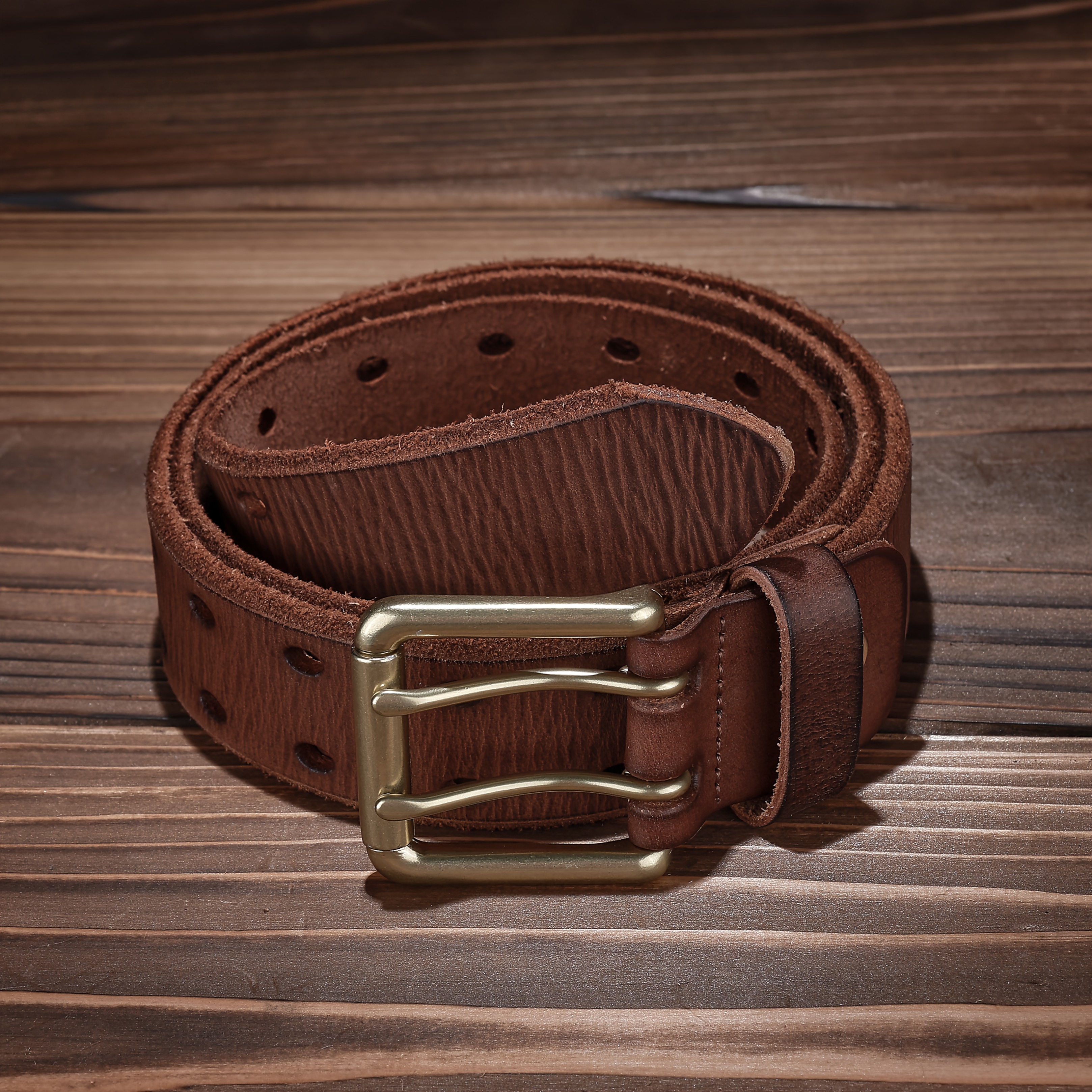 Vintage Distressed Texture Leather Belt with Double-Needle Buckle