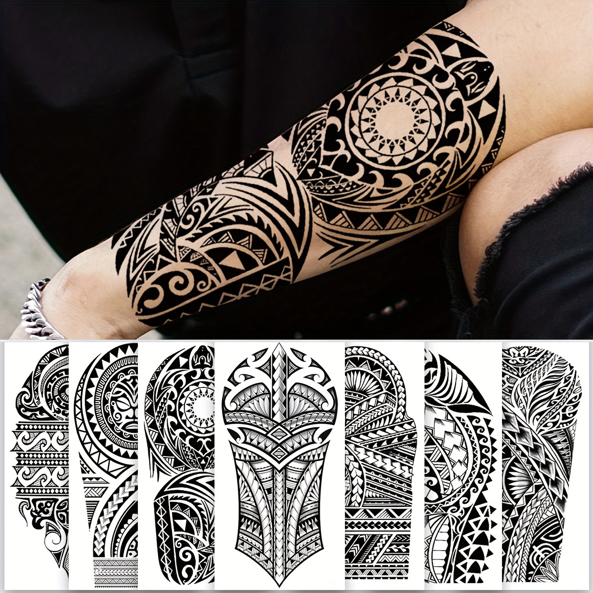 

7 Sheets Black Totem Polynesian Style Temporary Tattoo Stickers, Half Arm Sleeve, Waterproof Fake Tattoo Decals For Men