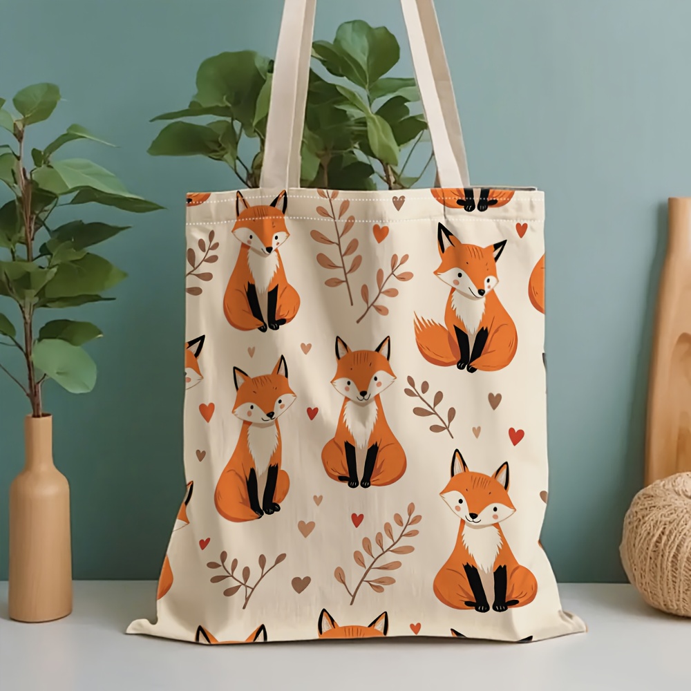 E-shop wiederverwendbare Tragetasche für Damen, geeignet für Pendeln, Reisen, Schule – niedliche Fuchs-Druck-Tragetasche mit doppelseitigem