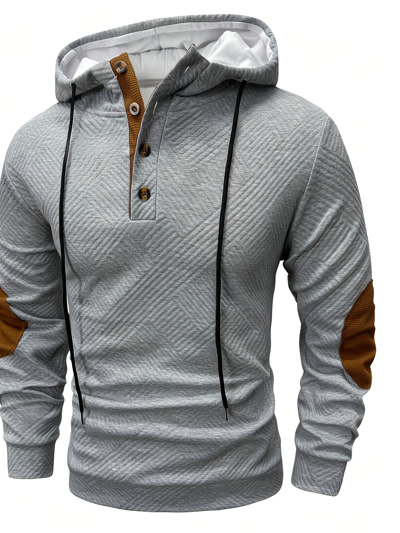 Men'S Stylish Casual Hooded Cardigan with Front Zipper and Button Placket - Geometric Pattern, Brown and Orange Accents, Light Gray, Perfect for Spring/Fall