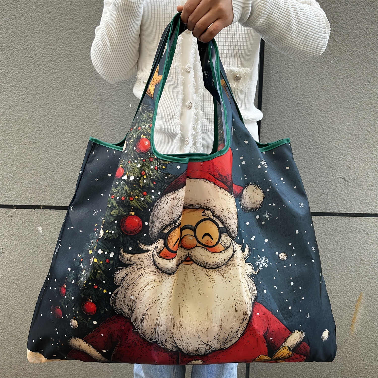TEMU Large Capacity Tote Bag Featuring An Oil Painting Style Of Santa Claus, Lightweight And Foldable, Made Of Durable Nylon, Perfect For Christmas