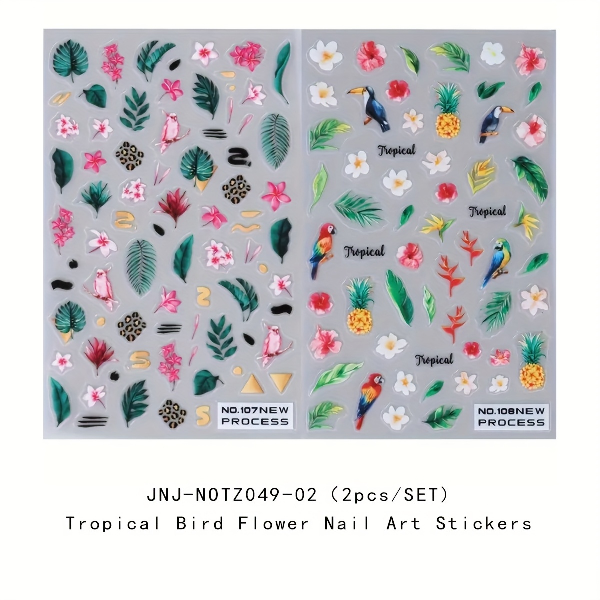 2pcs Tropical Bird & Flower Nail Art Stickers - Self-adhesive, Vibrant Parrot And Floral Designs, Easy Diy Manicure Decorations For