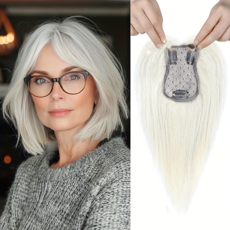 TEMU 7*11cm Hair Toppers For Women Real Human Hair, 10 Inch Black, Brown, Grey No Bangs, Machine-woven Base With 3 Clips In Wiglets Toppers, Human Hair Toppers For Women With Thinning Hair