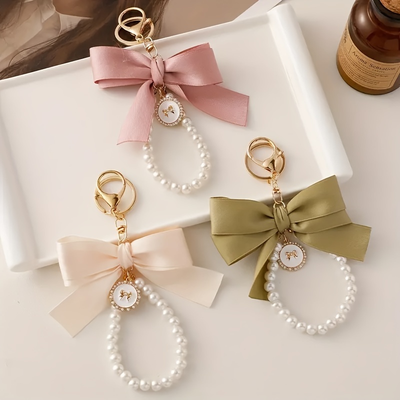 

Large Bow Pearl Keychain Pendant Creative Colorful Webbing Cloth Knot Accessories Earphone Case Bag Accessories