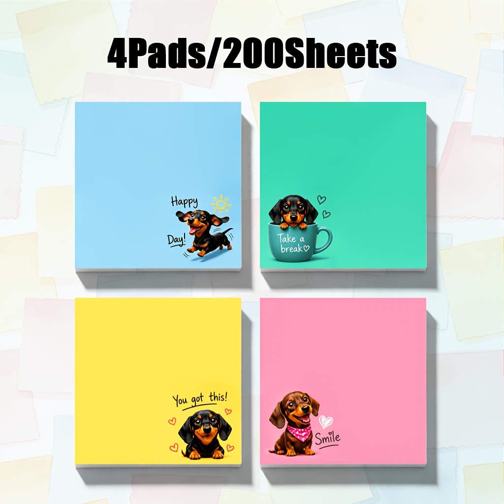 Image of 200 Sheets Cute Dachshund Dog Sticky Note Set, Square Self-adhesive Memo Pad, 7.5cm Square Notepad, Cute Puppy Print For Office Notes, Creative Gift For Dog Lovers, Coworker Gift, Back To School Gift