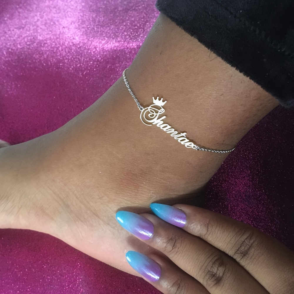 TEMU Custom Princess Crown Name Anklet, Personalized Fashion Vacation Name Charm Anklet, Stainless Steel Ankle Chain, Women's Beach Holiday Jewelry,