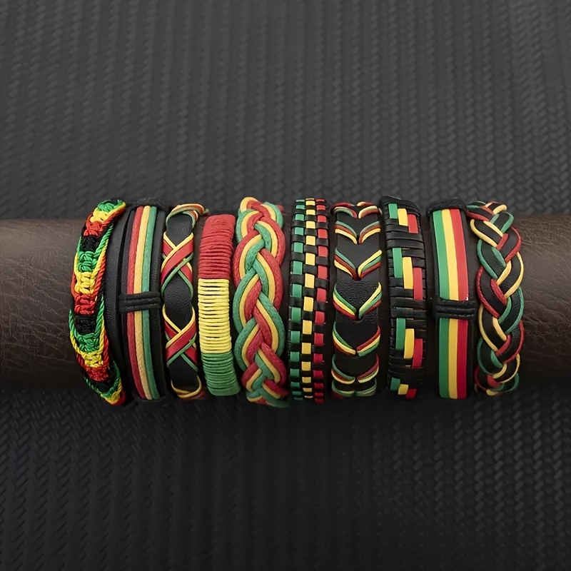 E-shop 10-teiliges Set handgewebte Armbänder im Bohemian-Stil in Rot, Gelb Grün
