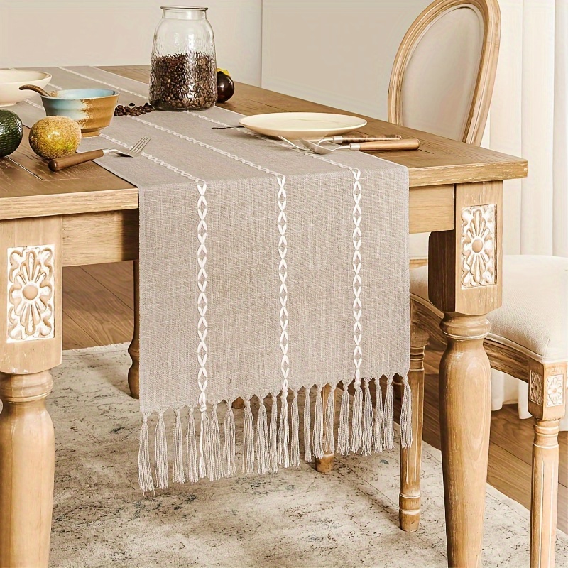 

Farmhouse Table Runner, Rustic Table Runners, Linen Boho Table Runner, Braided Striped Coffee Table Runner For Dining Party Holiday, Restaurant Party Supplies Eid Al-adha Mubarak