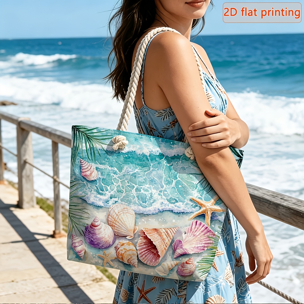 TEMU 1pc 2d Flat Women's Large Capacity Travel Tote Bag, Beach Shell And Starfish Print Pattern - Fiber Beach Bag With Dual Comfortable Handles And