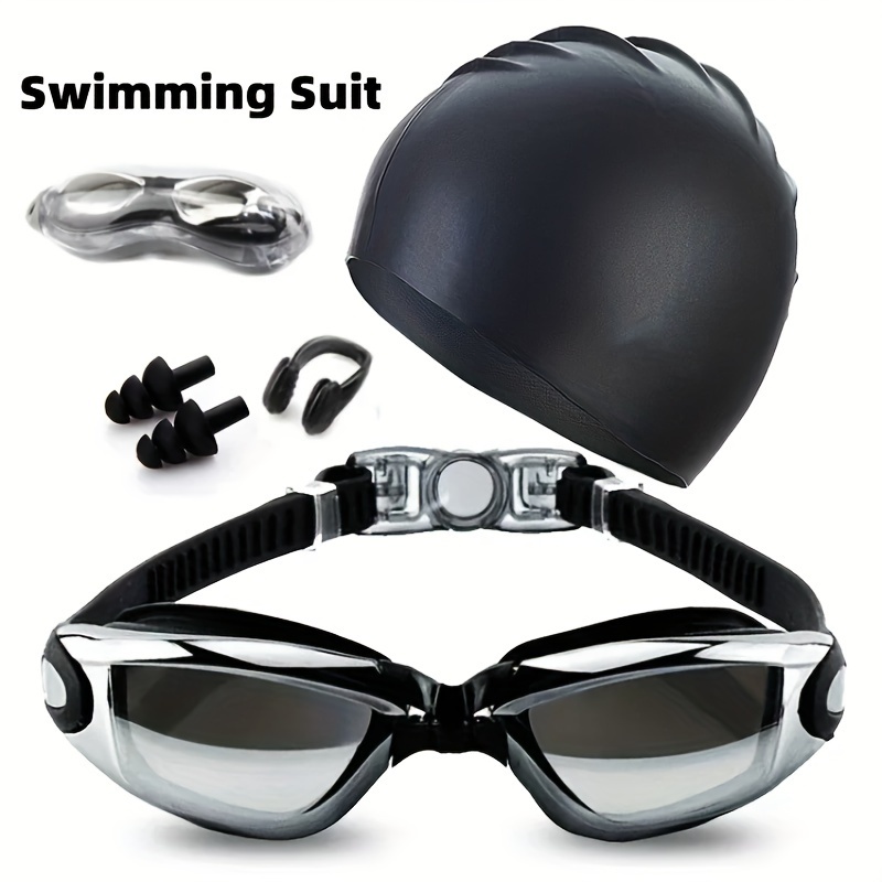 

Maillot de bain pour adultes avec lunettes anti-buée HD, pince-nez en silicone étanche, bouchons d'oreilles et bonnet - Matériau PC pour hommes et femmes